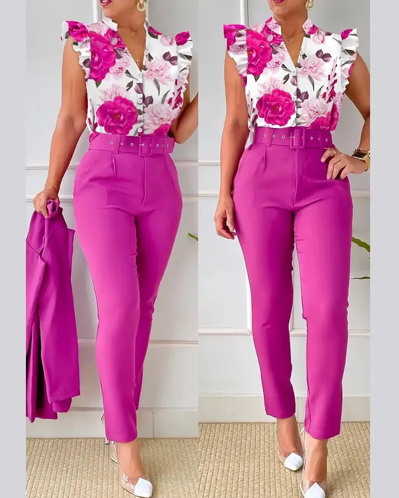 Spring Summer Women's New Printed Lotus Leaf Sleeveless Shirt Suit Elegant Slim Femal Office  Long Pants Belt Two Piece Set 2025