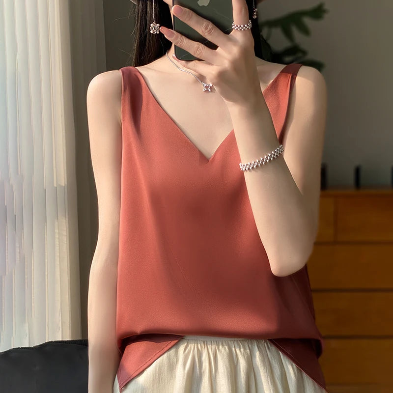 2024 New Silk Satin Women's Tank Top Basic V-neck Multi Color White Black Women's Sleeveless Top Summer Sexy Bottom