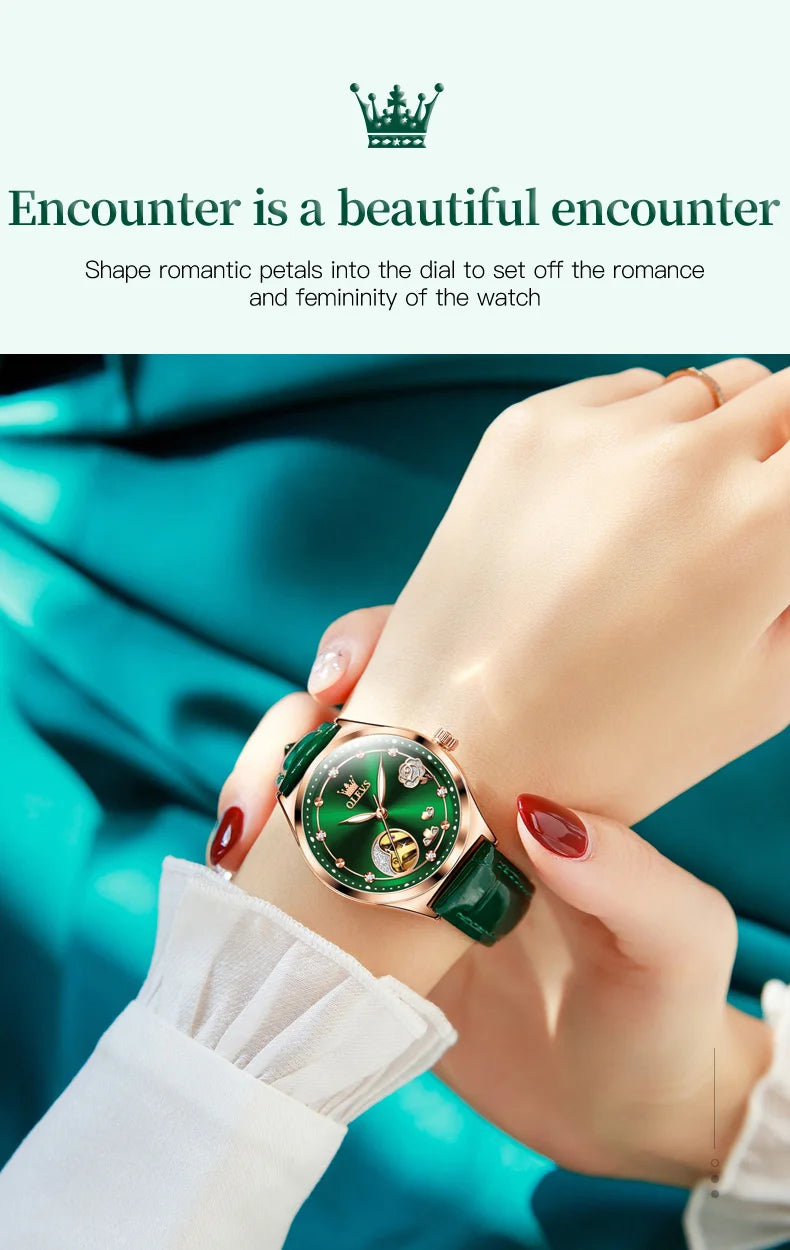 OLEVS Luxury Brand Women Mechanical Watch Leather Strap Waterproof Simple Fashion Ladies Automatic Wristwatch Relojes Para Mujer