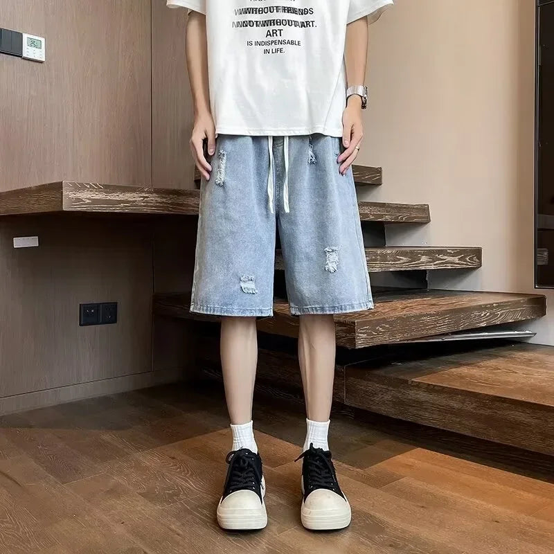Summer Baggy Ripped Jorts For Men Y2K Streetwear Denim Shorts Retro Casual Shorts Pants Wide Leg Straight Blue Bermuda Jean