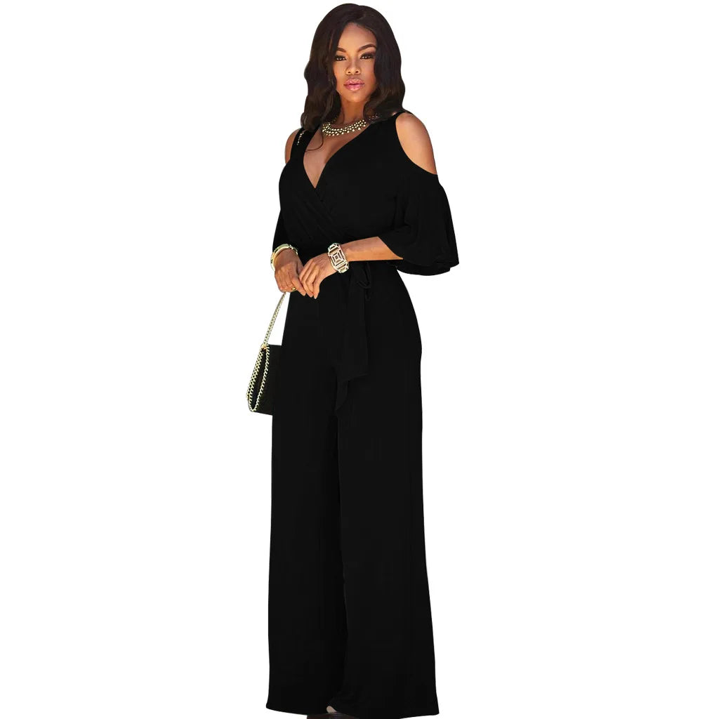 Spring Summer Solid Color Women Sexy Deep V Neck Short Sleeve Rompers Fashion Slim Fit Lace Up Elegant Female Wide Leg Jumpsuit