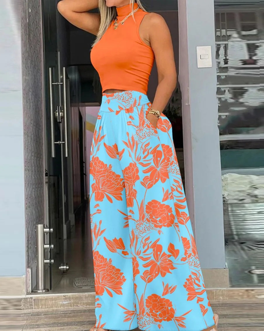 Women Casual Print Set Fashion Sleeveless Turtleneck Top T-shirt 2 Piece Sets Lady Loose Wide Leg Pants Two Piece Sets Summer