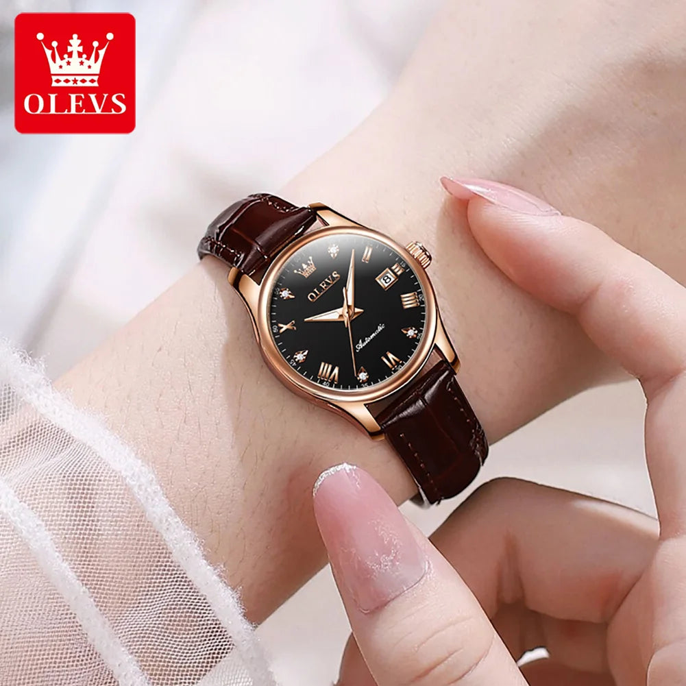 OLEVS 9932 Women's Automatic Mechanical Wristwatch Leather Strap Waterproof Dual Calendar Wristwatch Luxury Elegant Ladies Watch