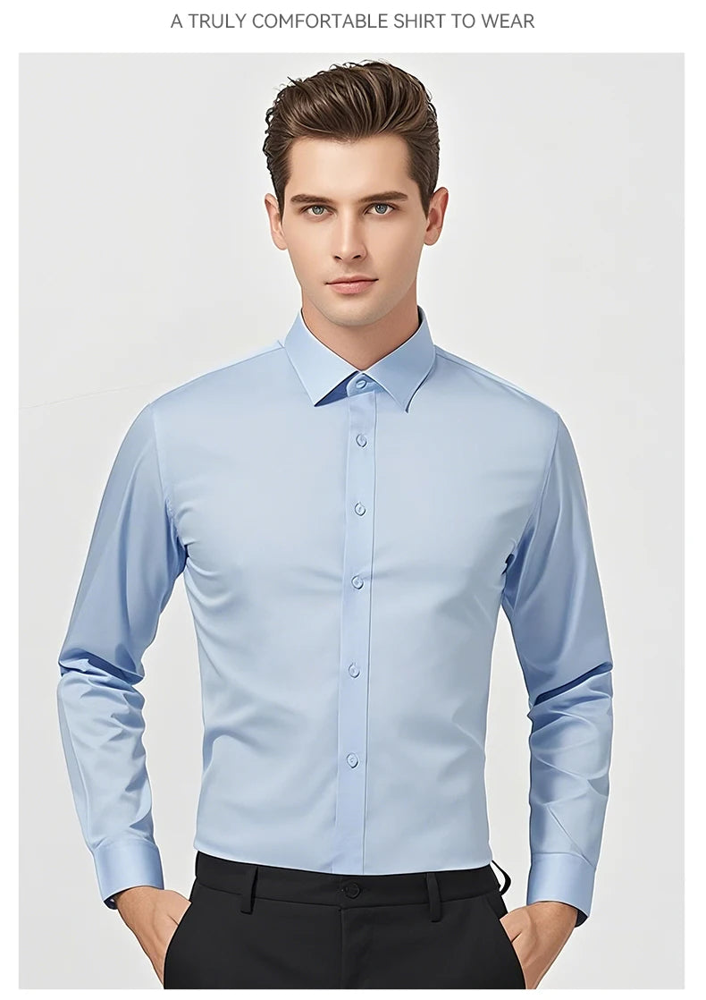 Hot New Mens Formal Shirts Long Sleeve Solid Color Anti-Wrinkle Stretch Fashion Business Free Slim Fit Office Social White Shirt