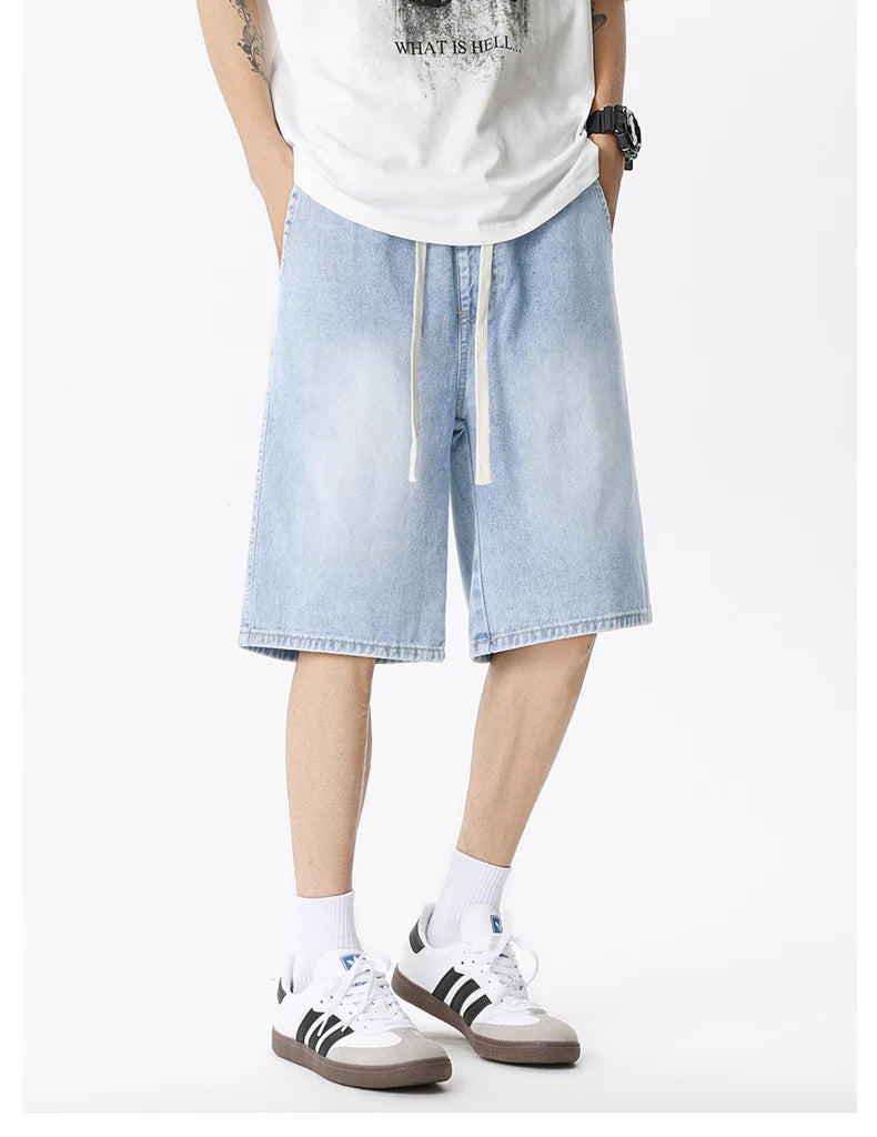 Casual Denim Shorts Men Elastic Waist Straight Comfortable Light Blue Soft Short Pants Baggy Wide Bermuda Male Jeans