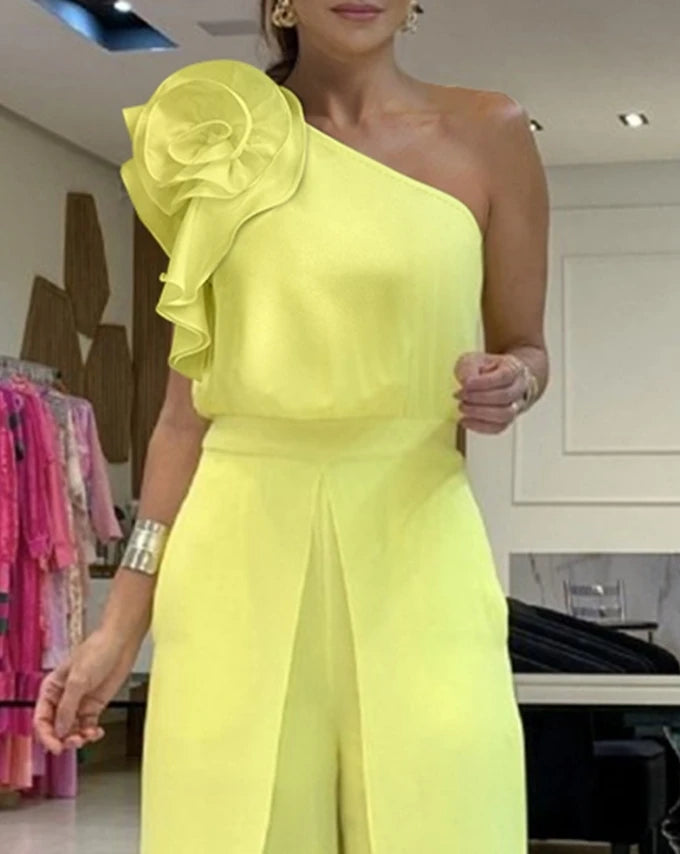 Women's Urban Style Jumpsuit 2025 Spring Summer Latest Floral Pattern One Shoulder Ruffles Romper High Waist Pants Bodysuit