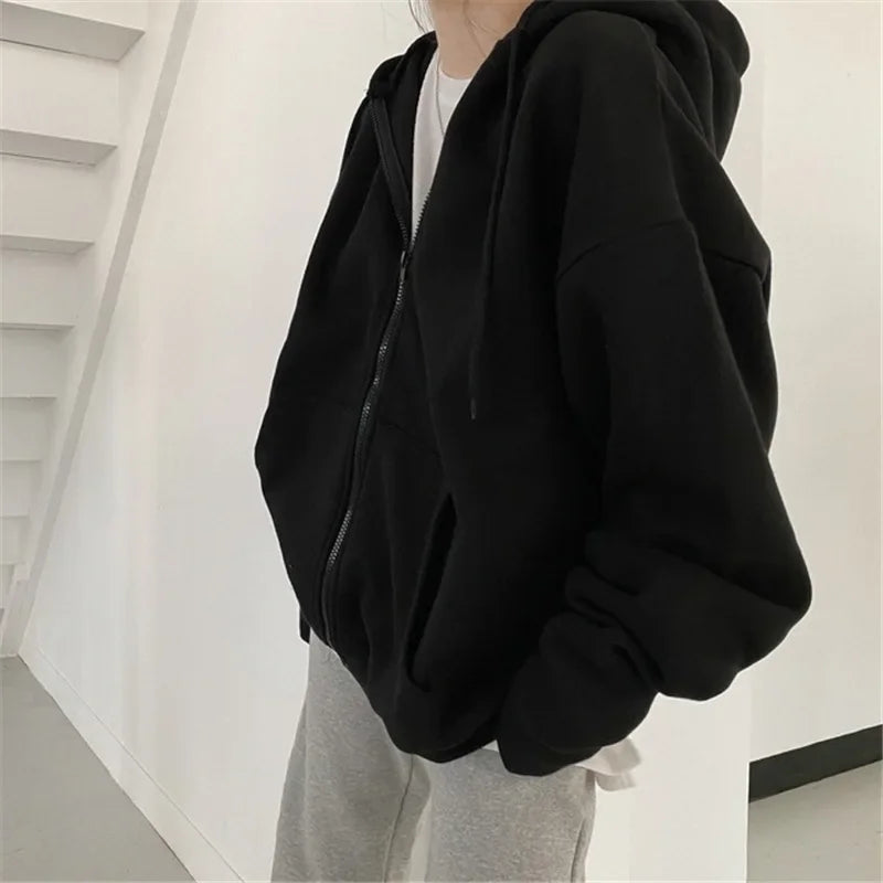 Women Solid Hoodies Coat Harajuku Basic Long Sleeve Spring Autumn Loose Zip Up Casual Oversized Sweatshirts Jacket with Pocket