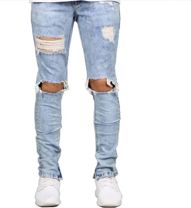 European and American High Street Men's Fashion Ripped Jeans with Zipper At The Ankle, Slim-fit, Spring and Summer Style.