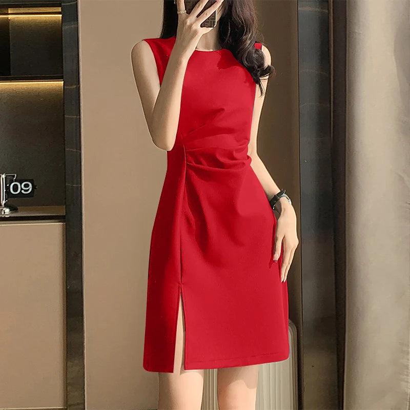 ZANZEA 2024 Elegant Mini Dress Summer Women Sleeveless O-neck Tank Dress Fashion Draped Short Robes Office Slit Hem Vestidos