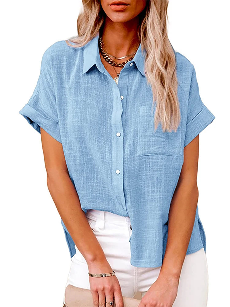 Casual Solid Short Sleeve Cotton Linen Loose Blouse Vintage Harajuku Oversized Shirt Elegant Tunic Summer Tops Women 2022