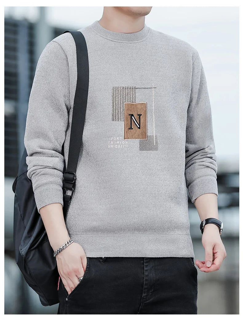 Autumn Winter Fashion Sweater Men's Round Neck Pullovers Fleece Thick Warm Jumpers Pattern Patchworked Men's Clothes