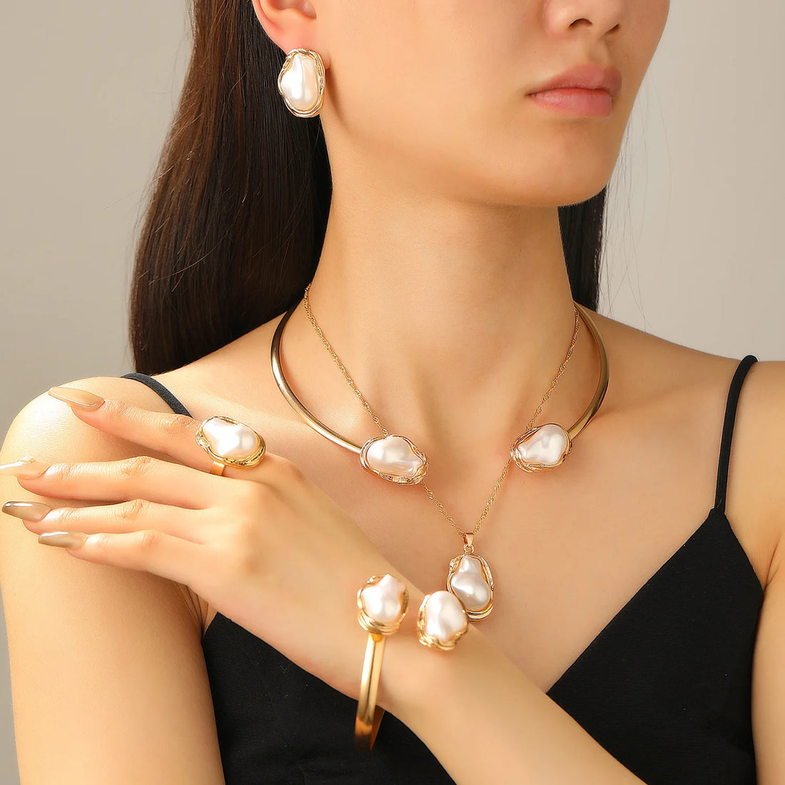 Elegant Baroque Imitation Pearl Choker Necklace Bangles Ring Earrings Set Women Chunky Circle Open Torques Collar Jewelry Set