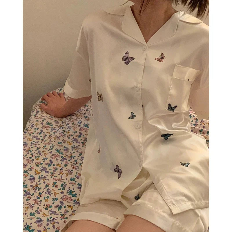 Ins Style Elegant Colorful Butterflies Women's Pajamas Trendy Fashion Design Summer Short Housewear 2024 New Y2k Ladies Homewear
