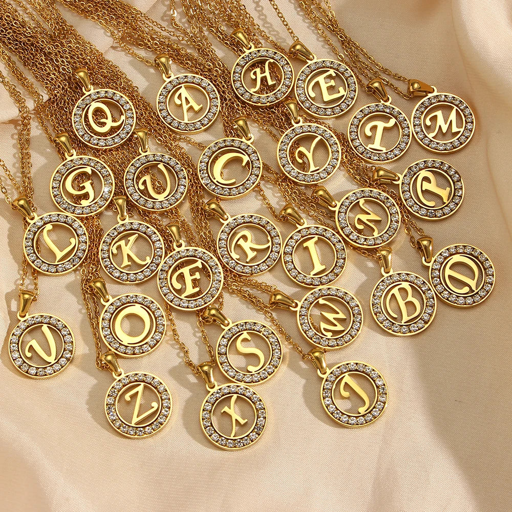 E.B.belle Hollow Round Zircon Paved 26 Alphabet Initial Necklace Ladies Elegant Birthday Gift 18K Gold Plated Letter Necklace