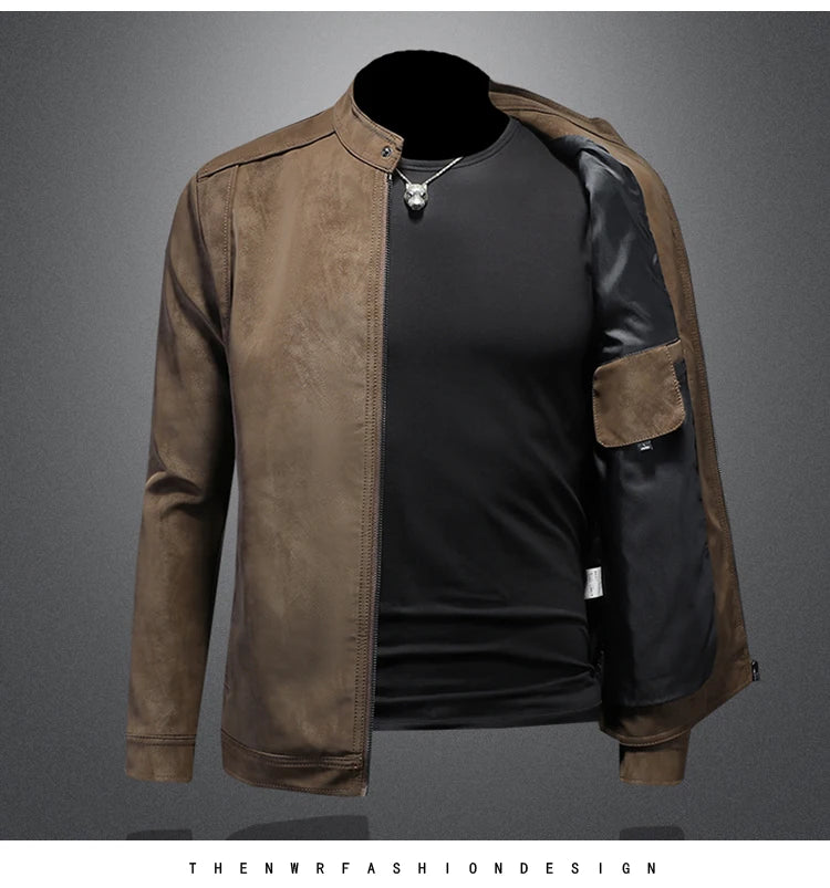 2025 new high-quality slim fit leather jacket, men's casual stand up collar motorcycle leather jacket,
