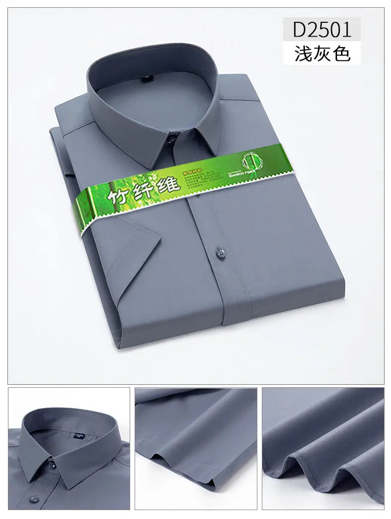 Bamboo Fiber Stretch Men Shirt Fashion Casual Business Short-Sleeved Top Anti-Wrinkle No-Iron Solid Color Formal Shirt S-6XL