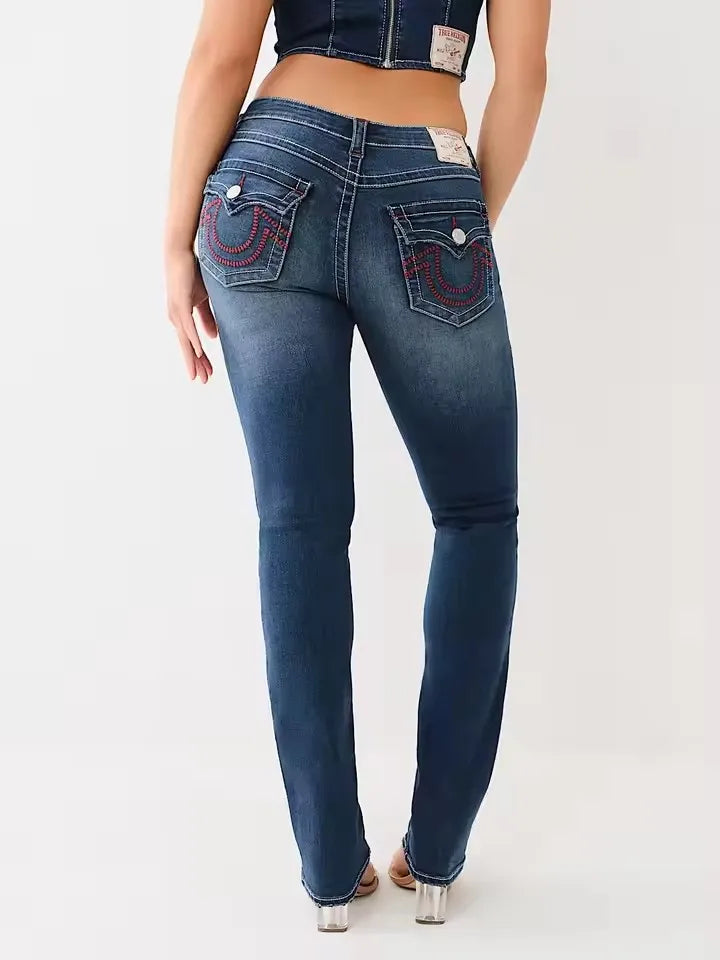 Gothic Vintage Jeans Y2K Clothes Men Women Harajuku Pocket Embroidery Retro Blue Baggy Jeans High Waist Slim Flared Trousers