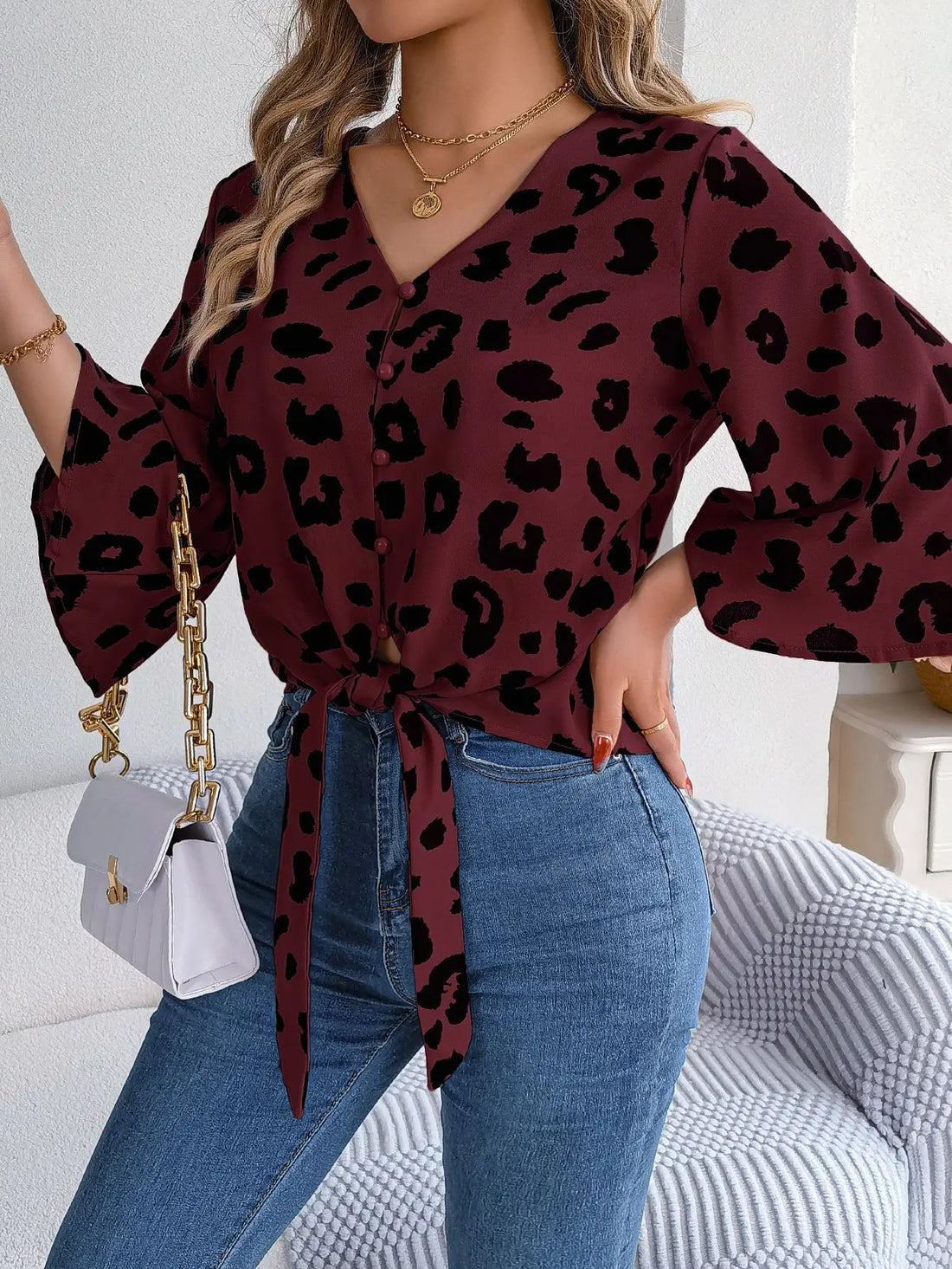 Spring Summer Casual Leopard Print Middle Sleeve Tie Bow Top Women Button Shirt