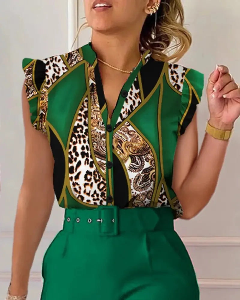 Spring Summer Women's New Printed Lotus Leaf Sleeveless Shirt Suit Elegant Slim Femal Office  Long Pants Belt Two Piece Set 2025
