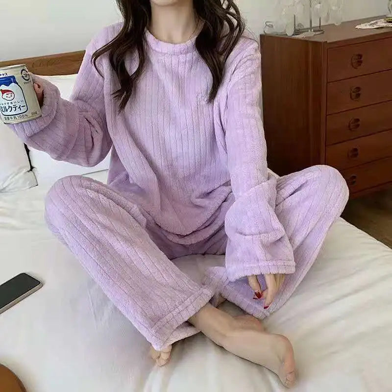 Autumn Women Solid Warm  Thicken Velvet Ribbed Fleece Set Pullover And Pants Women Casual Pajama Sets 2024