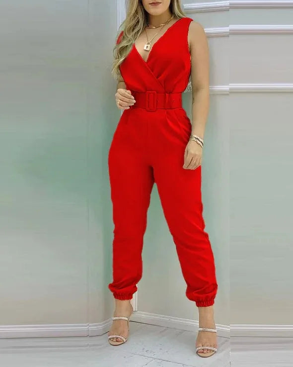 New Casual Women's Pants Women's V-neck Open Back Printed High Waist Jumpsuit Women (including Belt) Spring and Summer 2023