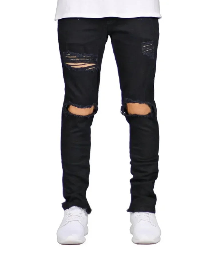 European and American High Street Men's Fashion Ripped Jeans with Zipper At The Ankle, Slim-fit, Spring and Summer Style.