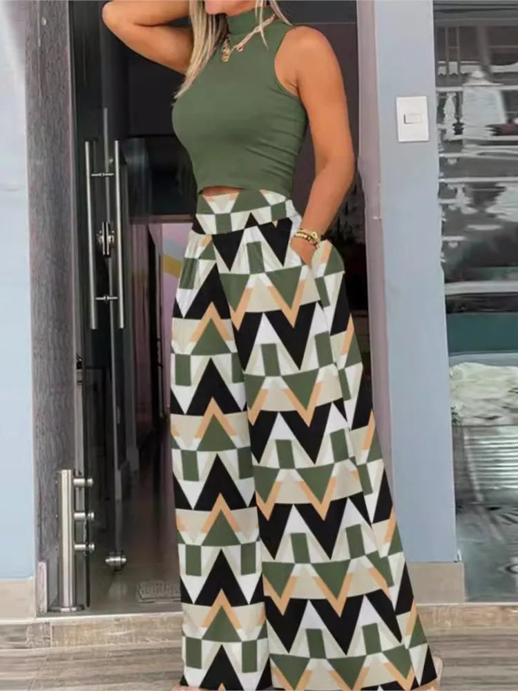 Women Casual Print Set Fashion Sleeveless Turtleneck Top T-shirt 2 Piece Sets Lady Loose Wide Leg Pants Two Piece Sets Summer