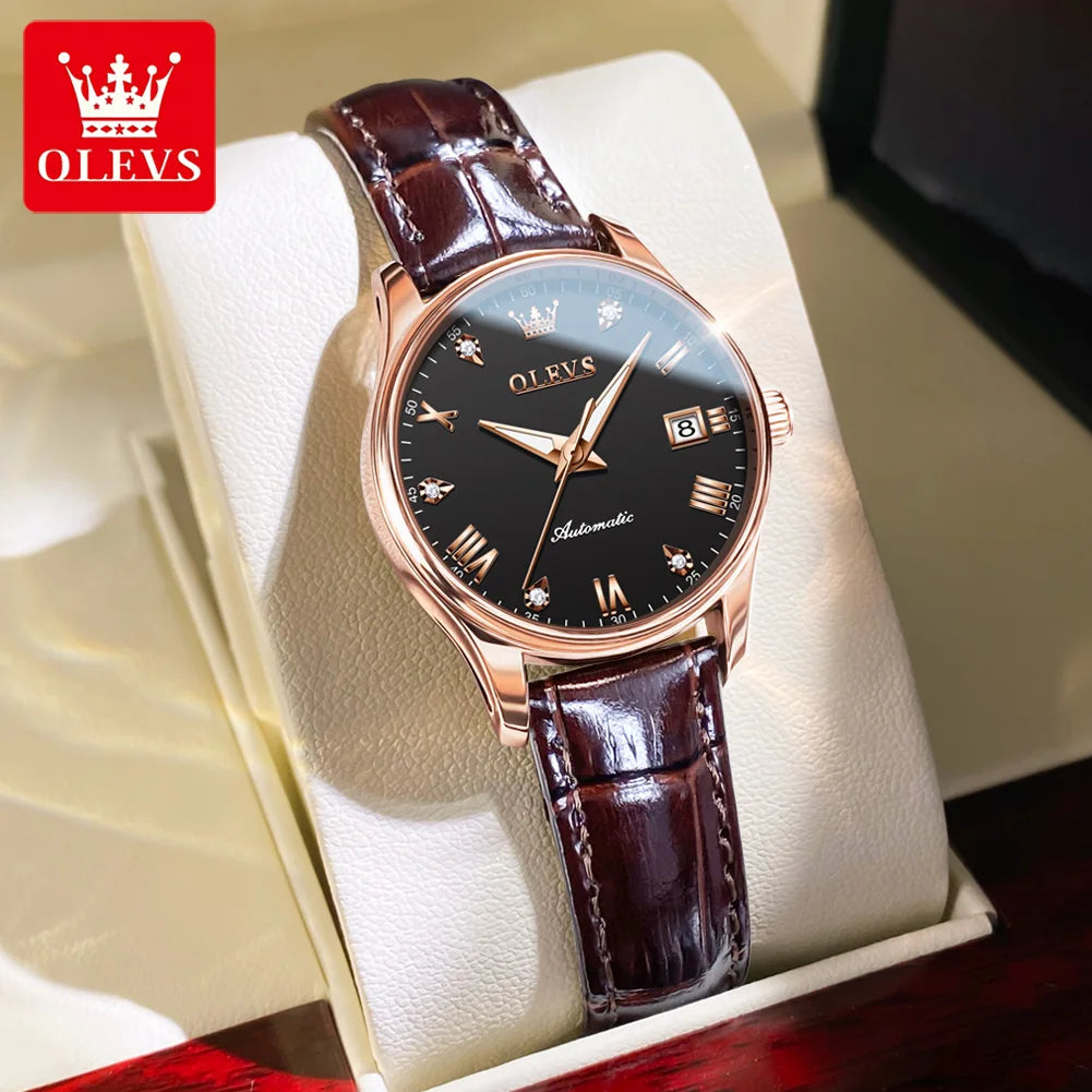 OLEVS 9932 Women's Automatic Mechanical Wristwatch Leather Strap Waterproof Dual Calendar Wristwatch Luxury Elegant Ladies Watch