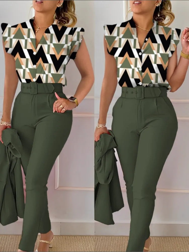 Spring Summer Women's New Printed Lotus Leaf Sleeveless Shirt Suit Elegant Slim Femal Office  Long Pants Belt Two Piece Set 2025