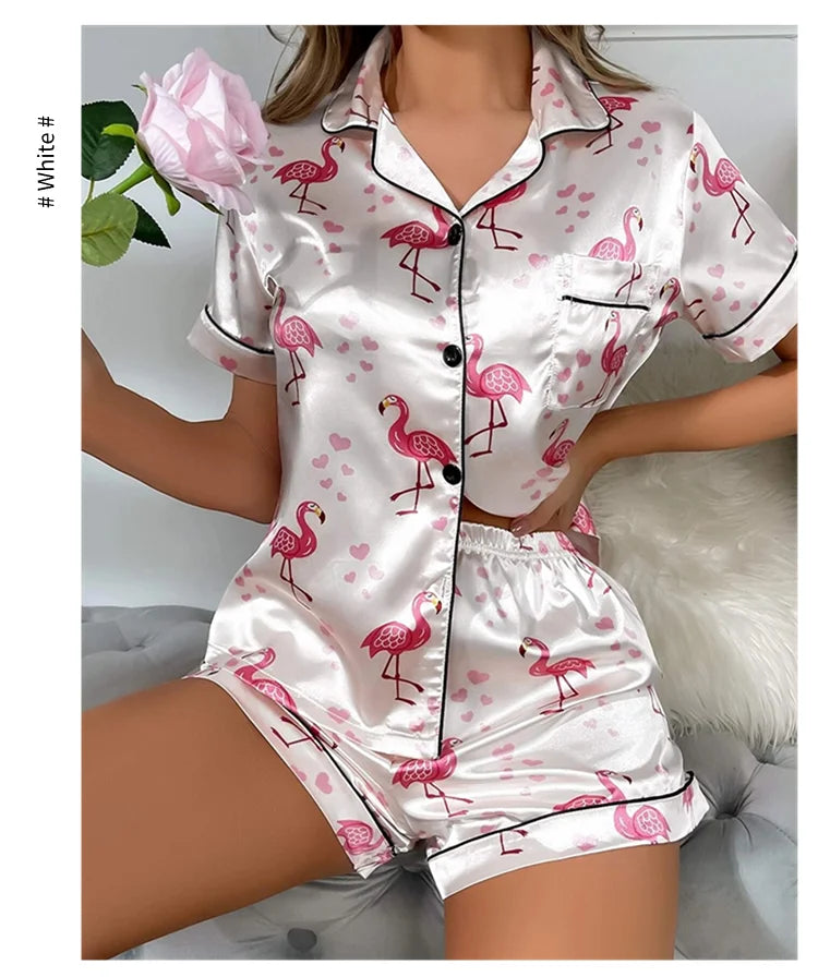 Women's Pajama Pj Set Heart Print Satin Pyjama Casual Short Sleeve Lapel Collar Tops & Pants Sleepwear & Loungewear for Adults