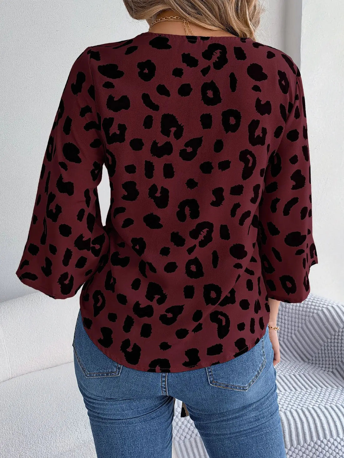 Spring Summer Casual Leopard Print Middle Sleeve Tie Bow Top Women Button Shirt