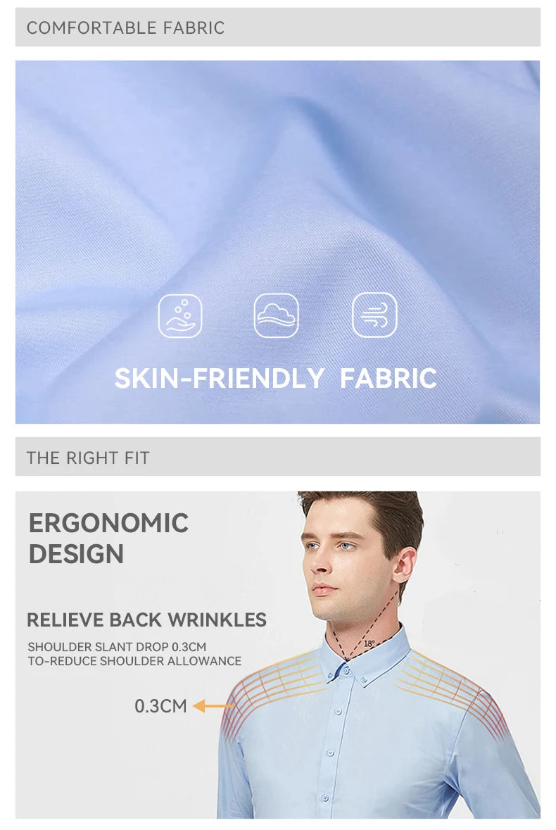 Hot New Mens Formal Shirts Long Sleeve Solid Color Anti-Wrinkle Stretch Fashion Business Free Slim Fit Office Social White Shirt
