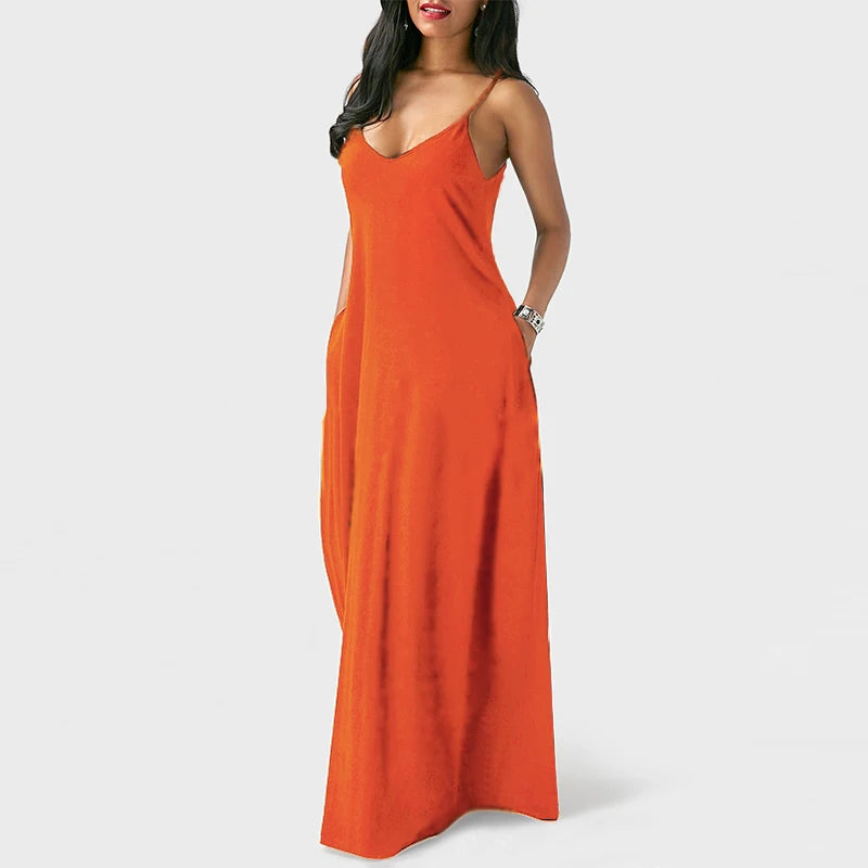 Women Pocket Long Dress Sexy V-Neck Sleeveless Loose Casual Dresses Summer Spaghetti Strap Solid Color Beach Maxi Dress S-5XL
