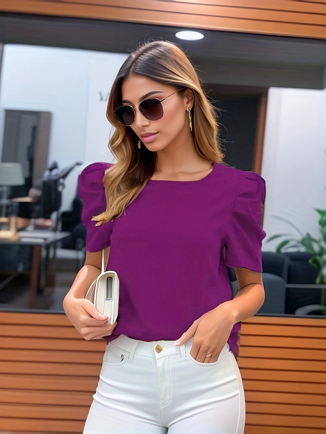Casual Pullover Blouse Solid Crew Neck Blouse, Elegant Ruched Sleeve Blouse For Spring & Summer, Women's Clothing