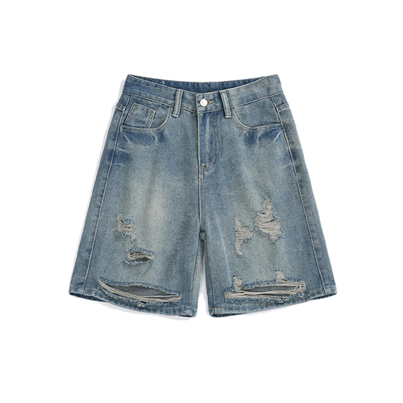 Men Blue Ripped Denim Shorts Summer New American High Street Casual Loose Zipper Pants Fashion Versatile Wide-Leg Trousers