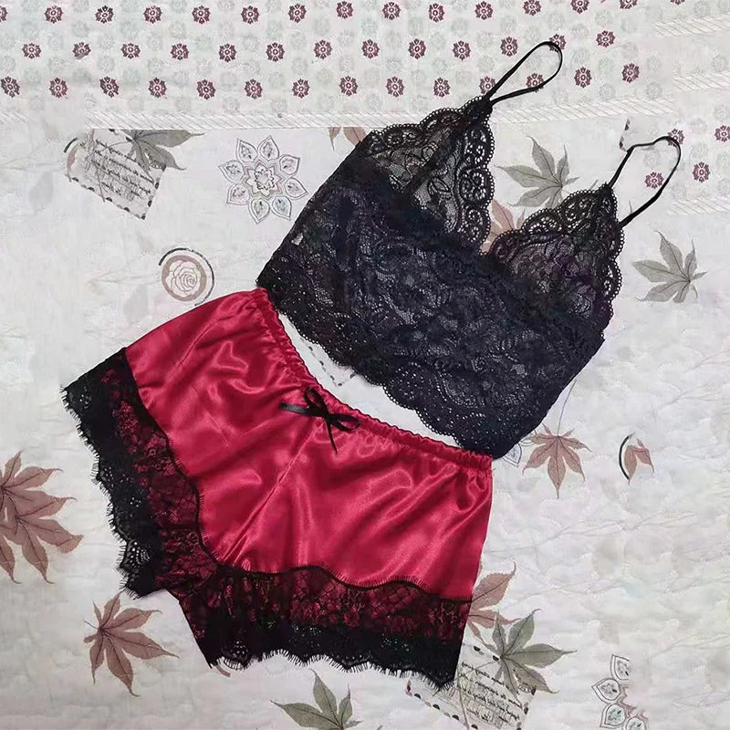 Womens Sexy Lace Sleepwear Lace Nachtkleding Lingerie Sleeveless V-Neck Babydoll Pajamas Set Lingerie Tops Shorts Set Nightwear