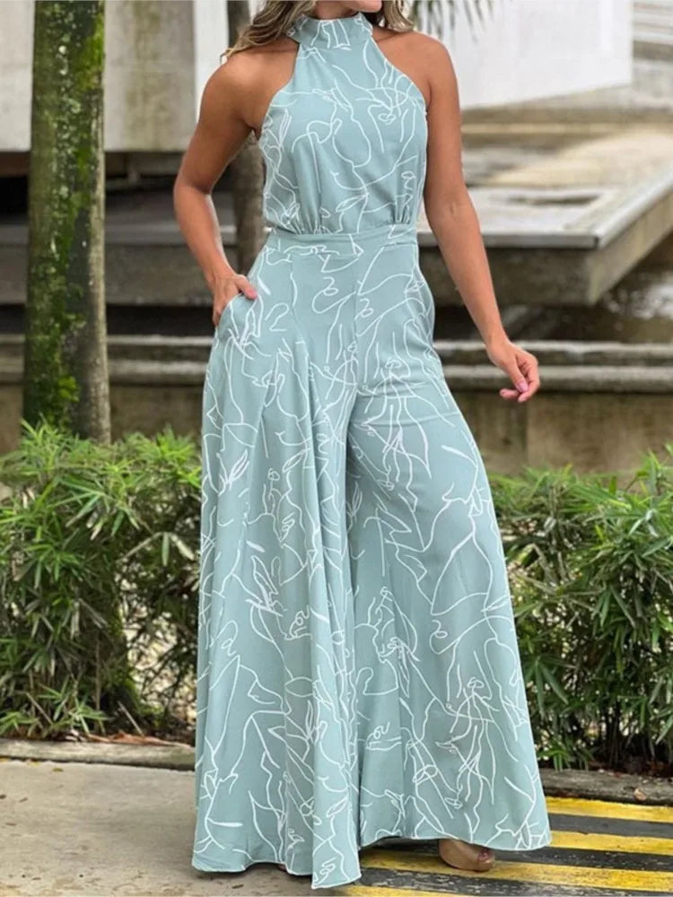 Women's New Fashion Round-neck Sexy Printed Jumpsuit Trousers Simple Sleeveless High Waist Tie Temperament Commuting Jumpsuit