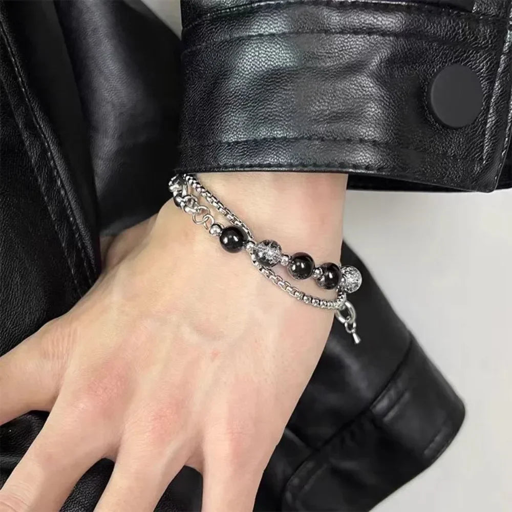 2024 Retro Black Cracking Beads Bracelet for Men Women Stainless Steel Double Layered Chain Fashion Hip-pop Jewelry Pulseras