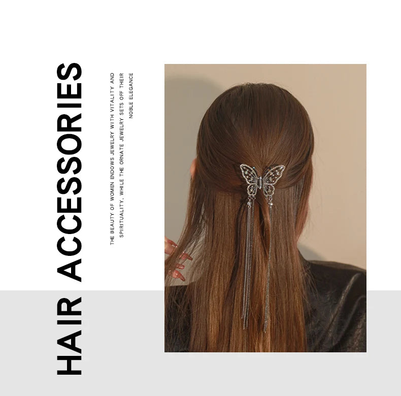 New Exquisite Rhinestone Butterfly Fringe Hair Claw Clips Korean Ponytail Braid Pearl Hairpin Girl Crab Metal Headdress Gift