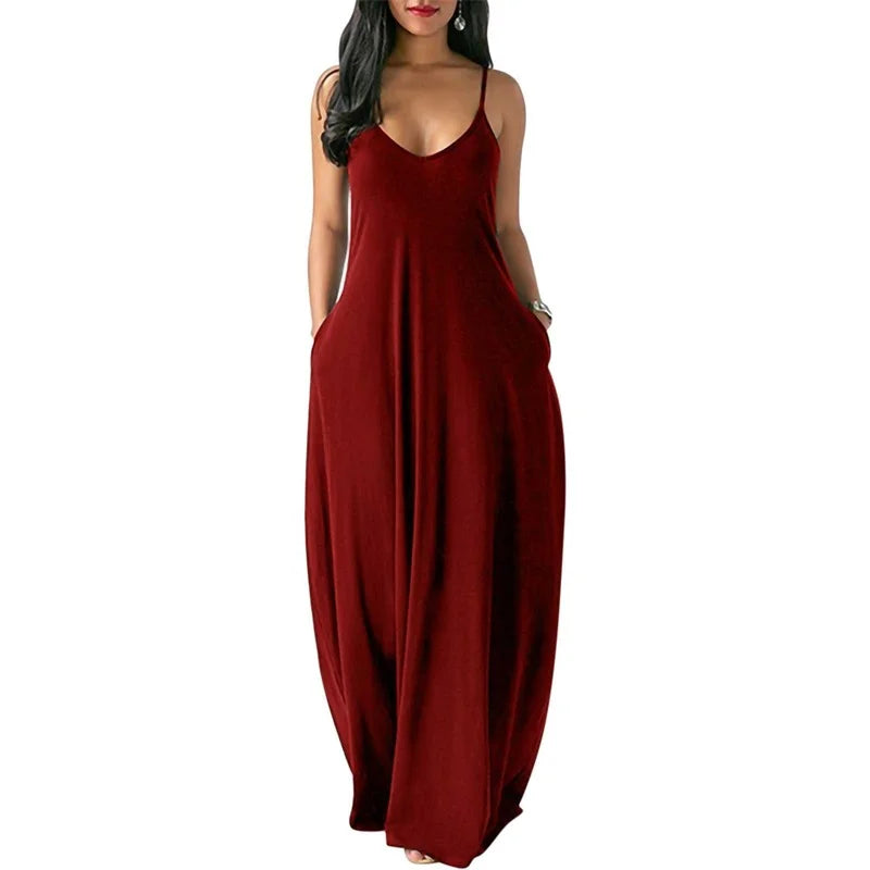 Women Pocket Long Dress Sexy V-Neck Sleeveless Loose Casual Dresses Summer Spaghetti Strap Solid Color Beach Maxi Dress S-5XL