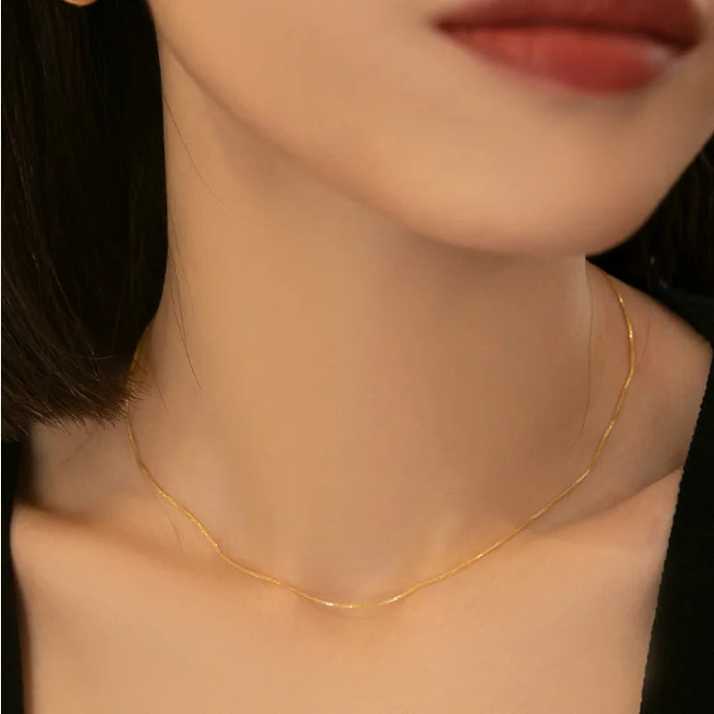 Real 18K Gold Women's Necklace AU750 Chopin Chain Choker Festival Great Gift New Fashion Simple Style Fine Jewelry