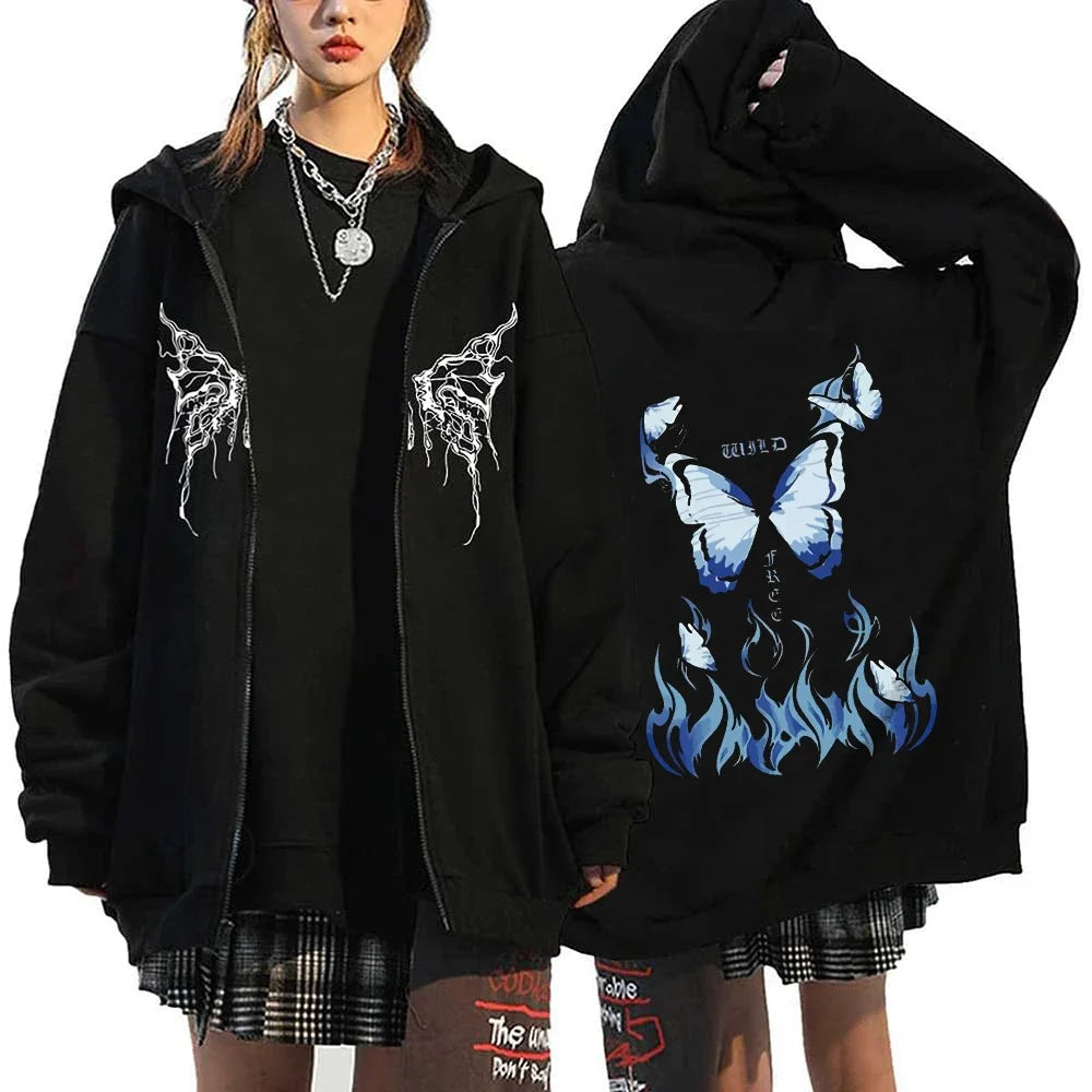 Women Vintage Butterfly Print Hoodies Autumn Winter Zip Up Long Sleeve Pocket Loose Sweatshirt Y2K Female Gothic Streetwear
