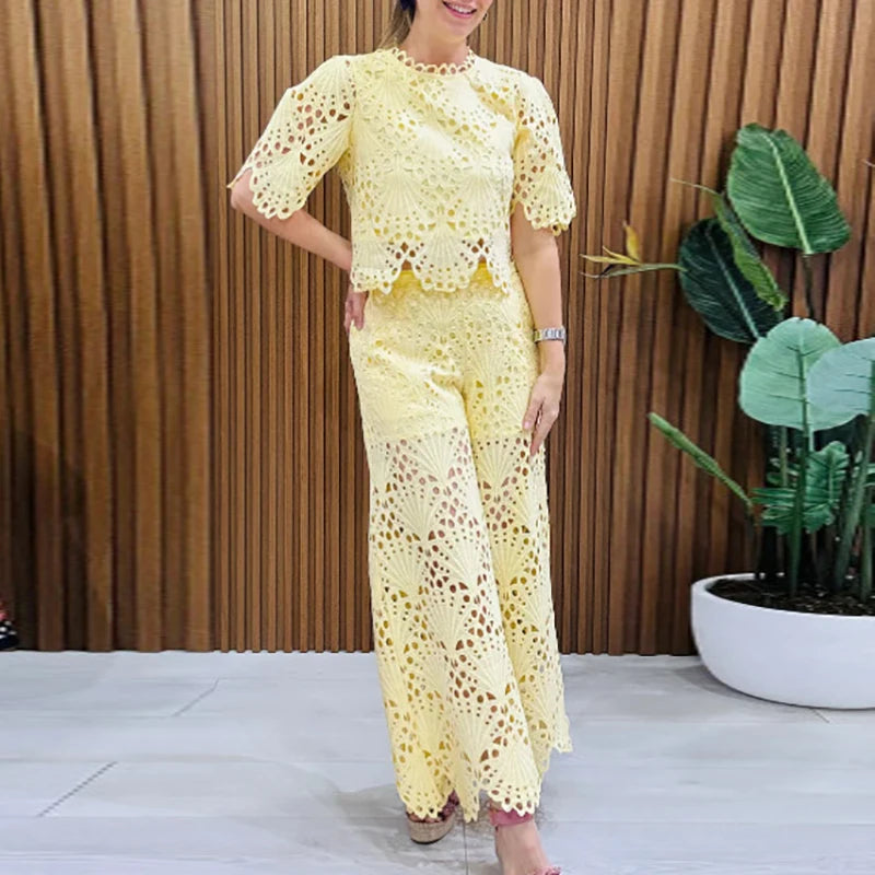 Trendy Solid Set Summer New Lace Embroidery Ruffles Elegant Outfits Women Hollow Out O Neck Half Sleeve Tops&Wide Leg Pants Sets