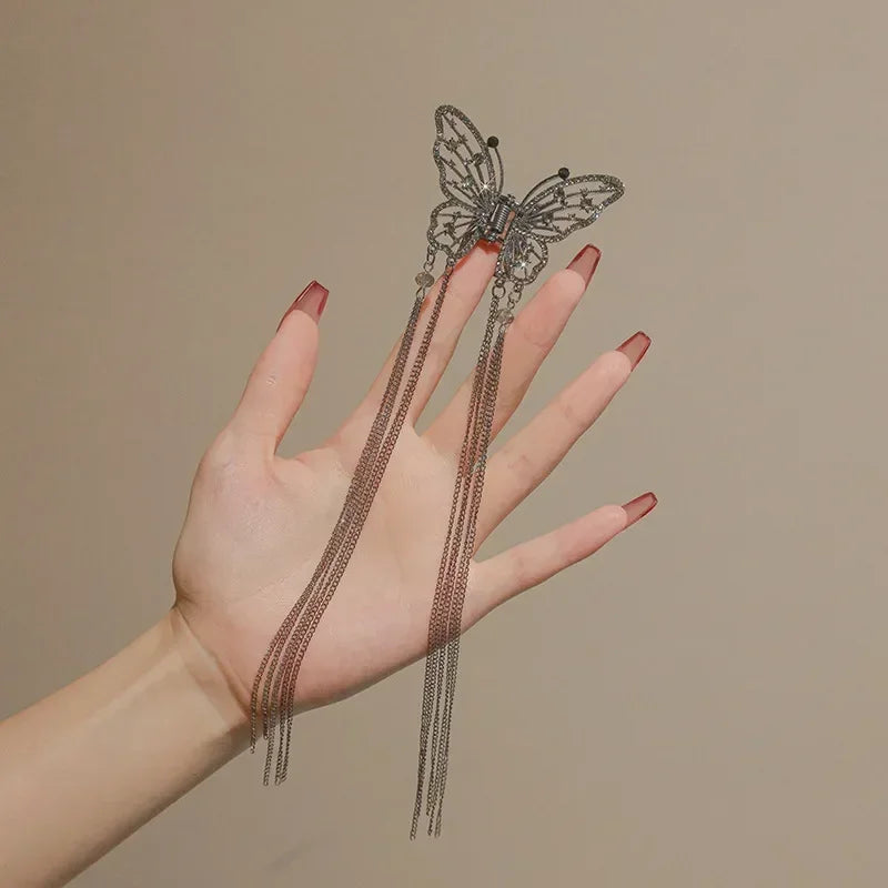 New Exquisite Rhinestone Butterfly Fringe Hair Claw Clips Korean Ponytail Braid Pearl Hairpin Girl Crab Metal Headdress Gift