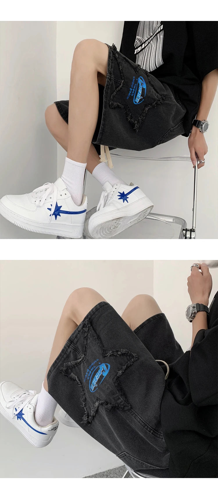 Summer Pentagram Patch Shorts Elastic Waist Letter Printed American Retro Casual Fashion Men Denim Knee-length shorts