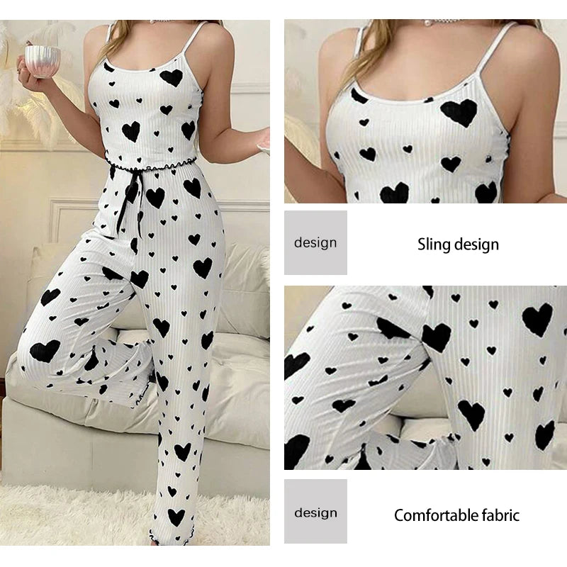 Women's Two-Piece Ice Silk Ribbed Sexy Printed Vest and Bow Decoration Long Pants Home Casual Women's Sleepwear Set
