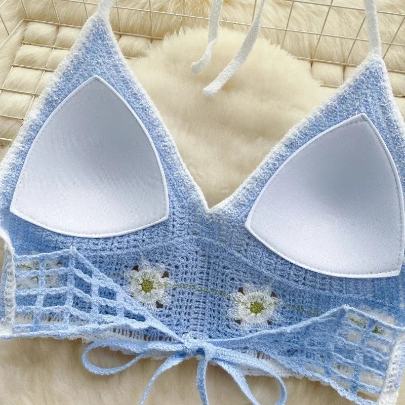 Vacation Style Camis Vest Women Patchwork Sweet Hook Flower Sexy Backless Suspender Camisole Hanging Neck Outwear Crop Tops