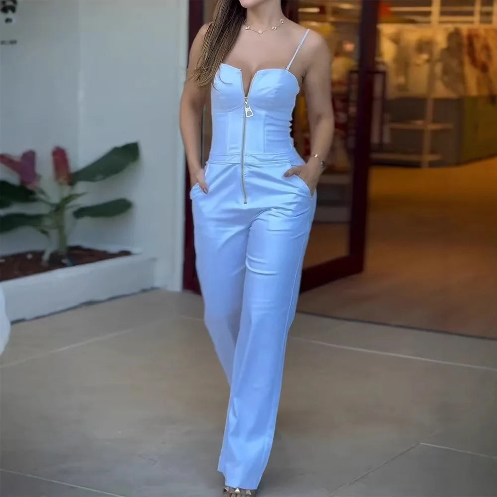 Fashion High Street Sleeveless Jumpsuit For Women 2025 Sexy Spaghetti Strap Bodycon Jumpsuits Office Elegant White Slim Romper