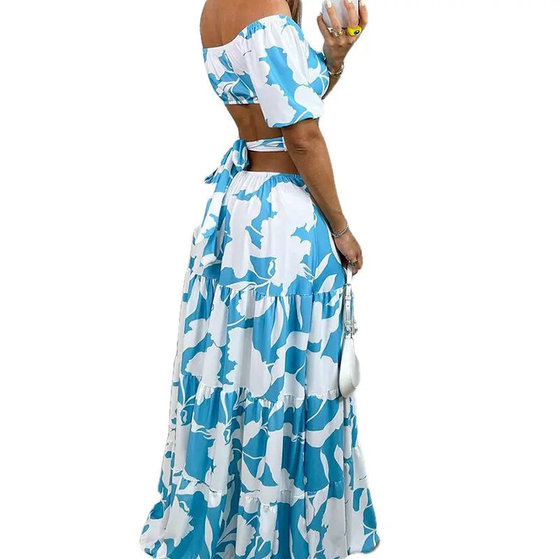 Sexy Women's Temperament Commuting Slim Fit Printing Hollow Lace up Large Swing Dress Women's Fashion Short Sleeve High Waist Dr
