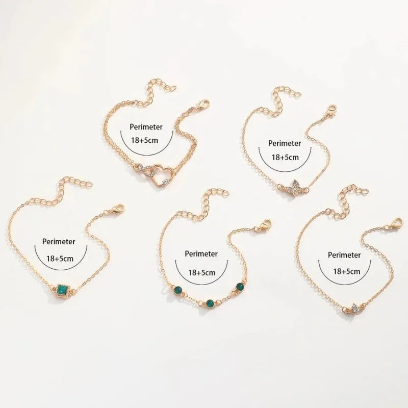 5 PCS Set Hallow Out Heart Green Crystal Stone Bracelet Set For Women Gold Color Lovely Butterfly Rhinestone Girls Bracelet Set